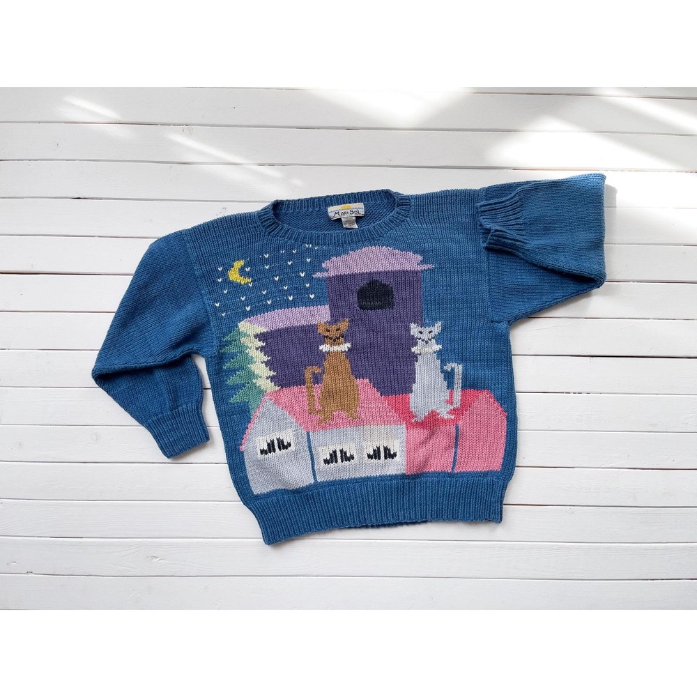 cat sweater‎ 80s 90s vintage Mar Y Sol blue hand knit cotton sweater